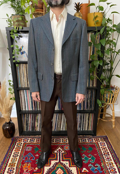 Vintage 1970s Grey & Blue Pure New Wool Blazer Jacket