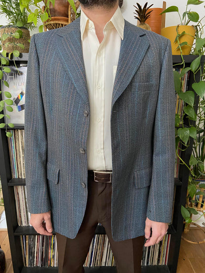 Vintage 1970s Grey & Blue Pure New Wool Blazer Jacket