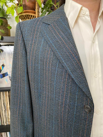 Vintage 1970s Grey & Blue Pure New Wool Blazer Jacket