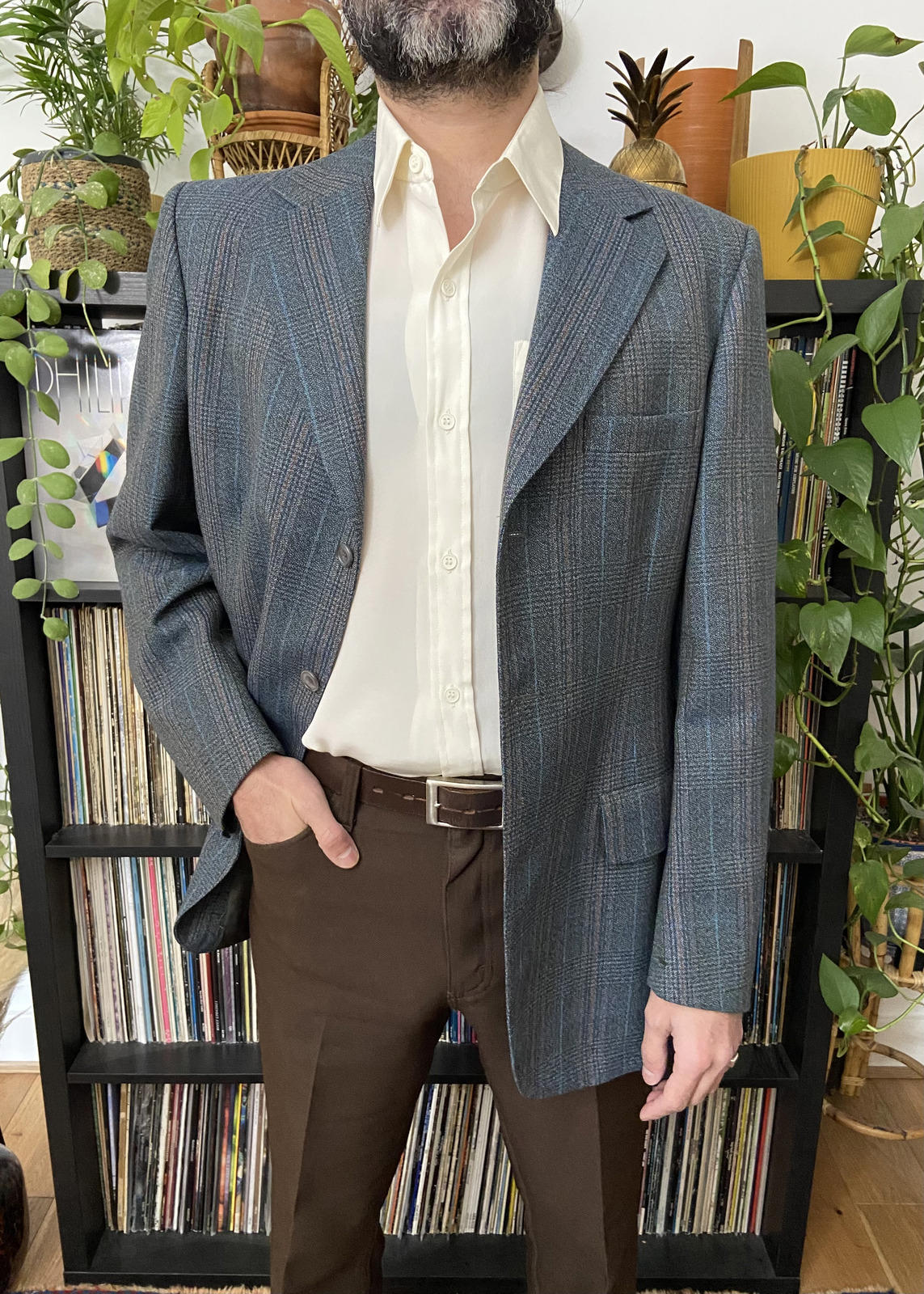 Vintage 1970s Grey & Blue Pure New Wool Blazer Jacket