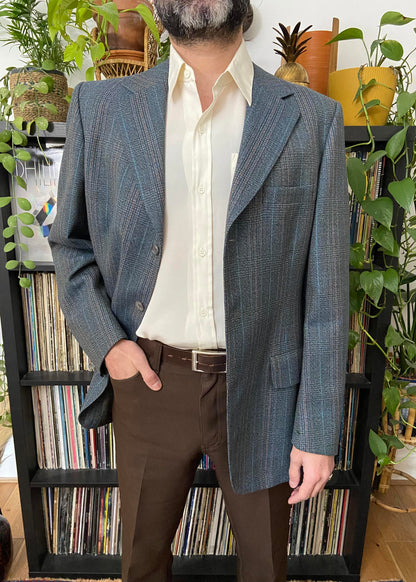 Vintage 1970s Grey & Blue Pure New Wool Blazer Jacket