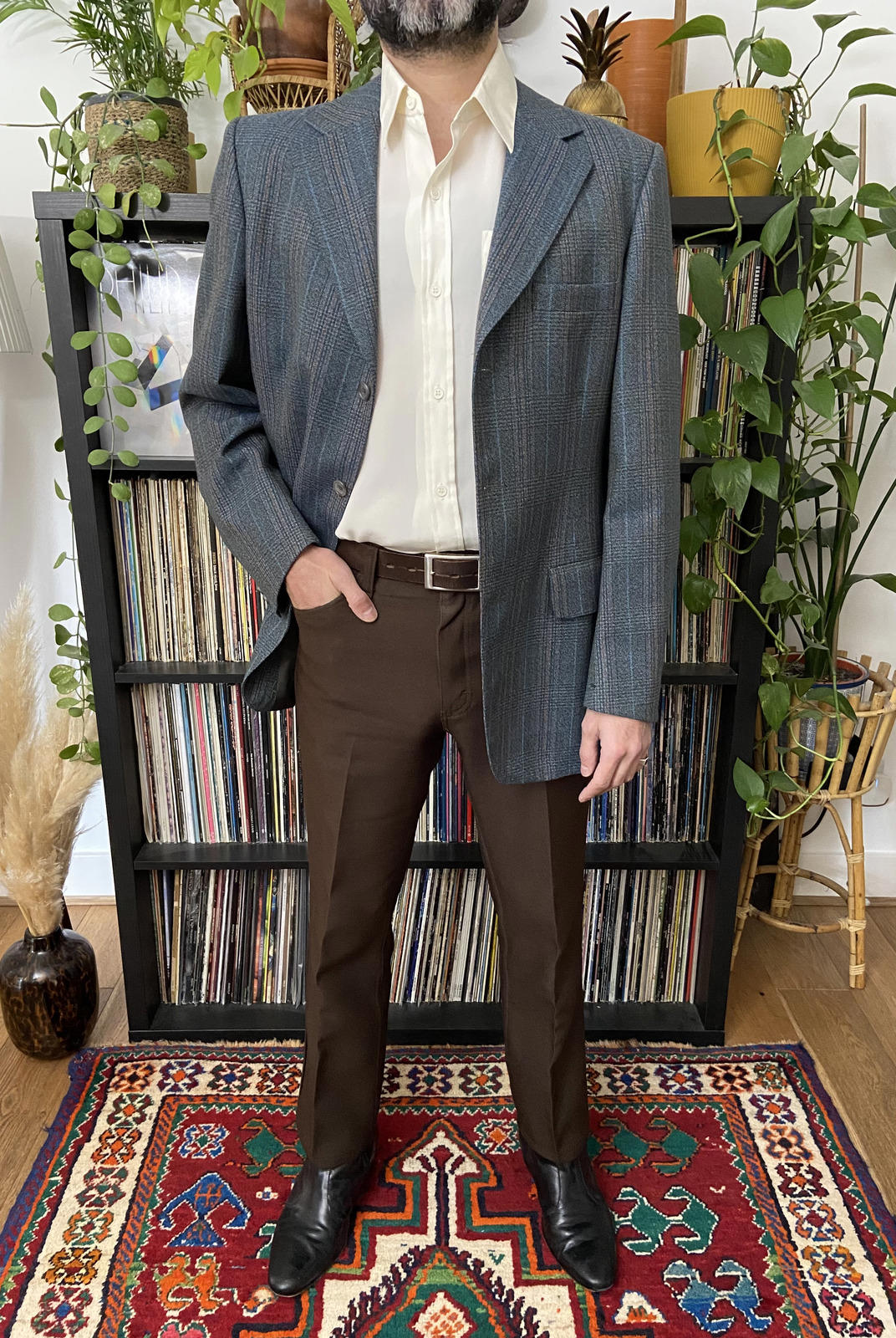 Vintage 1970s Grey & Blue Pure New Wool Blazer Jacket
