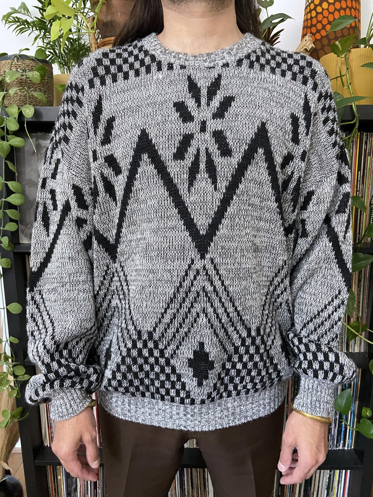 Vintage Large Grey & Black Knitted Jumper.