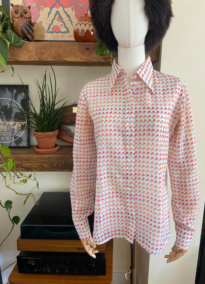 Vintage 1970s White Floral Dagger Collar Shirt