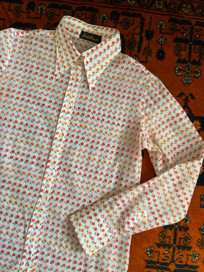 Vintage 1970s White Floral Dagger Collar Shirt