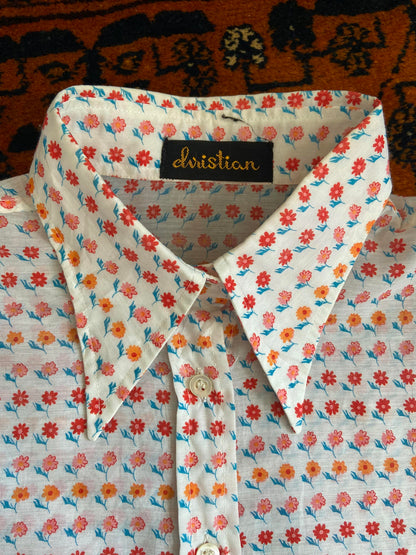 Vintage 1970s White Floral Dagger Collar Shirt