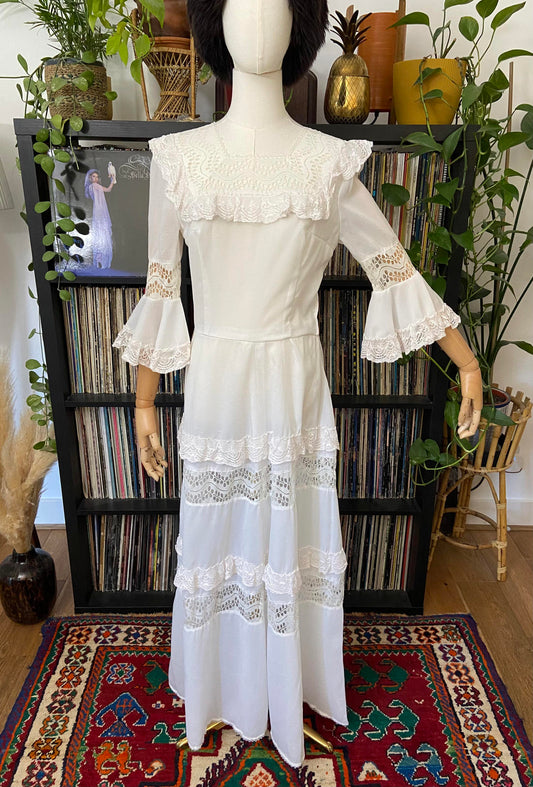 Vintage 1970s White Bell Sleeve Prairie Dress