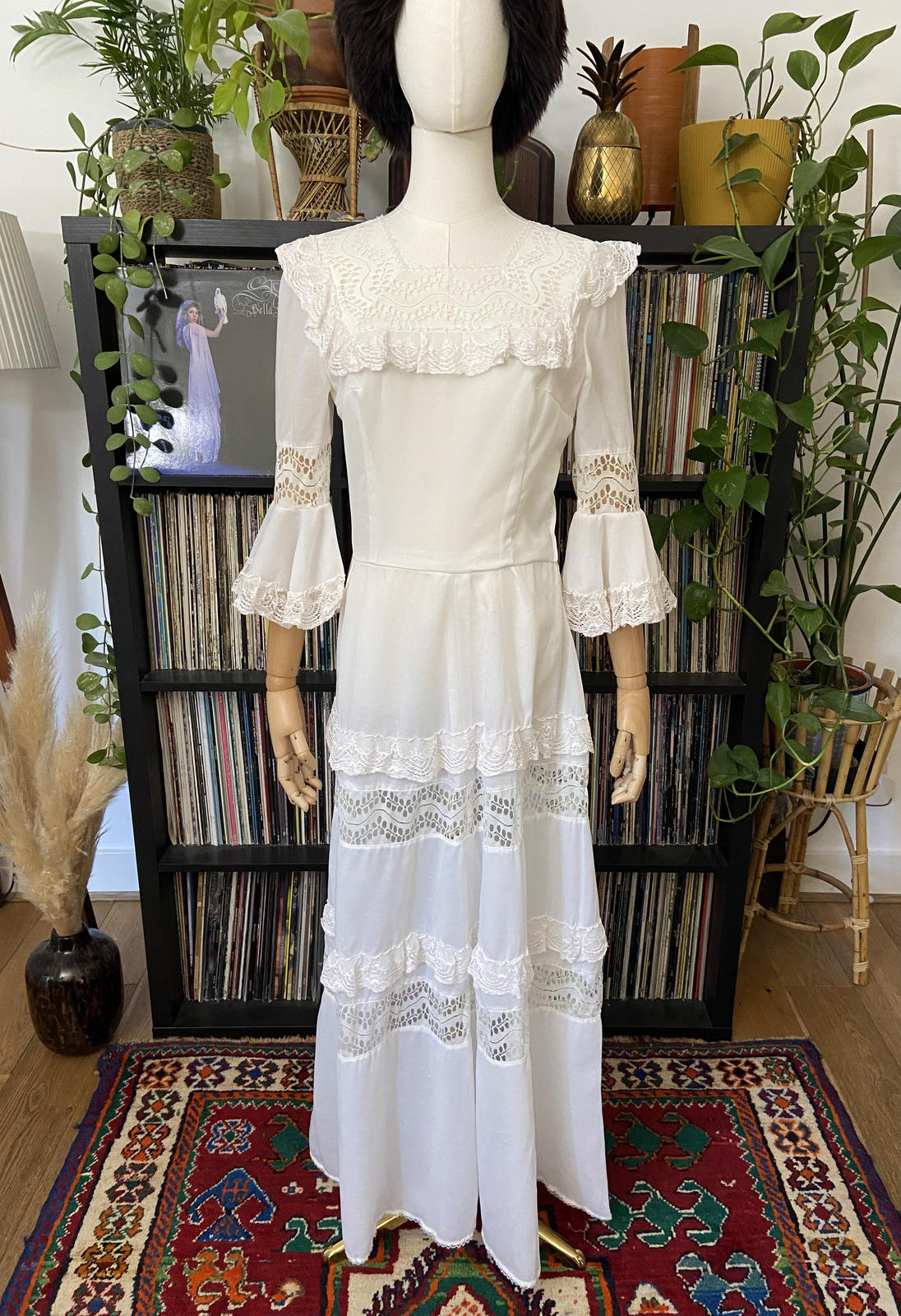 Vintage 1970s White Bell Sleeve Prairie Dress