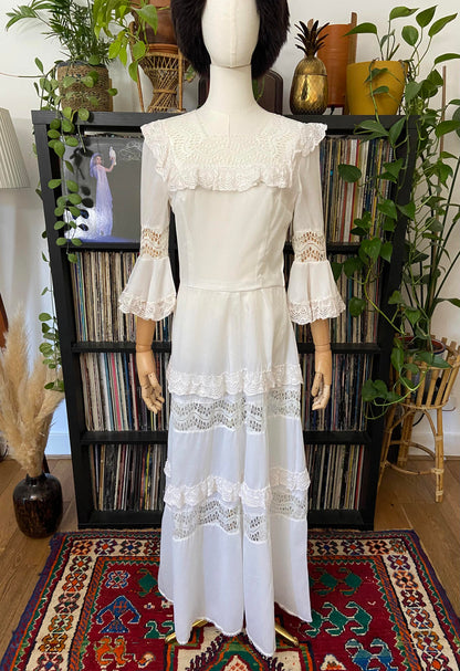 Vintage 1970s White Bell Sleeve Prairie Dress