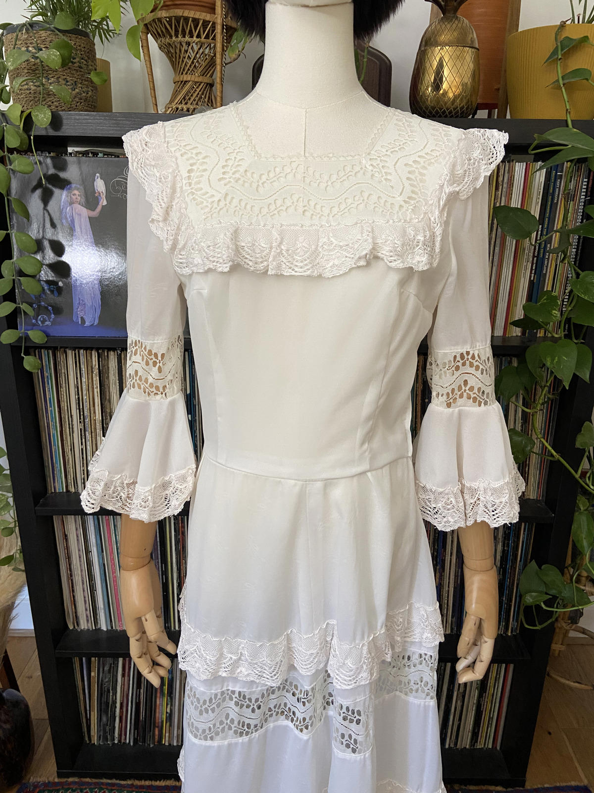 Vintage 1970s White Bell Sleeve Prairie Dress