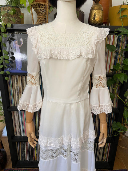 Vintage 1970s White Bell Sleeve Prairie Dress