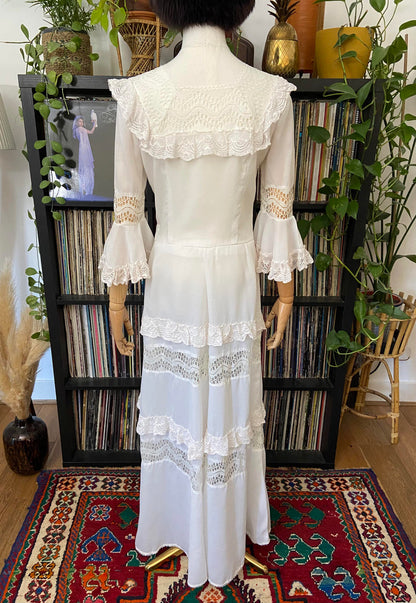 Vintage 1970s White Bell Sleeve Prairie Dress