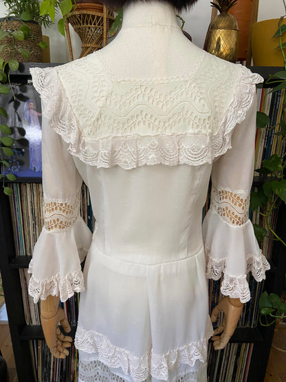 Vintage 1970s White Bell Sleeve Prairie Dress