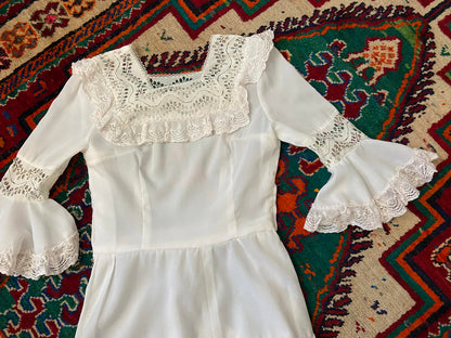Vintage 1970s White Bell Sleeve Prairie Dress