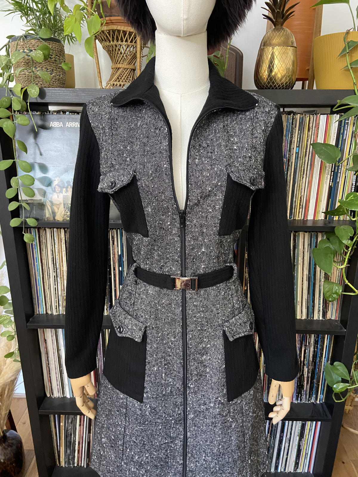 Vintage 1970s Black Tweed Flap Pocket Dress