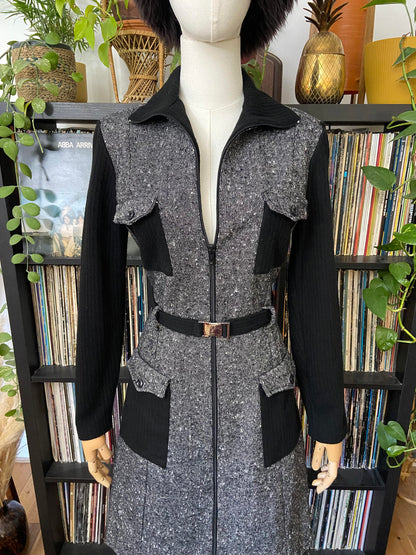 Vintage 1970s Black Tweed Flap Pocket Dress