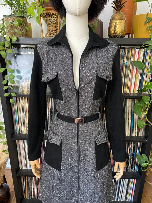 Vintage 1970s Black Tweed Flap Pocket Dress
