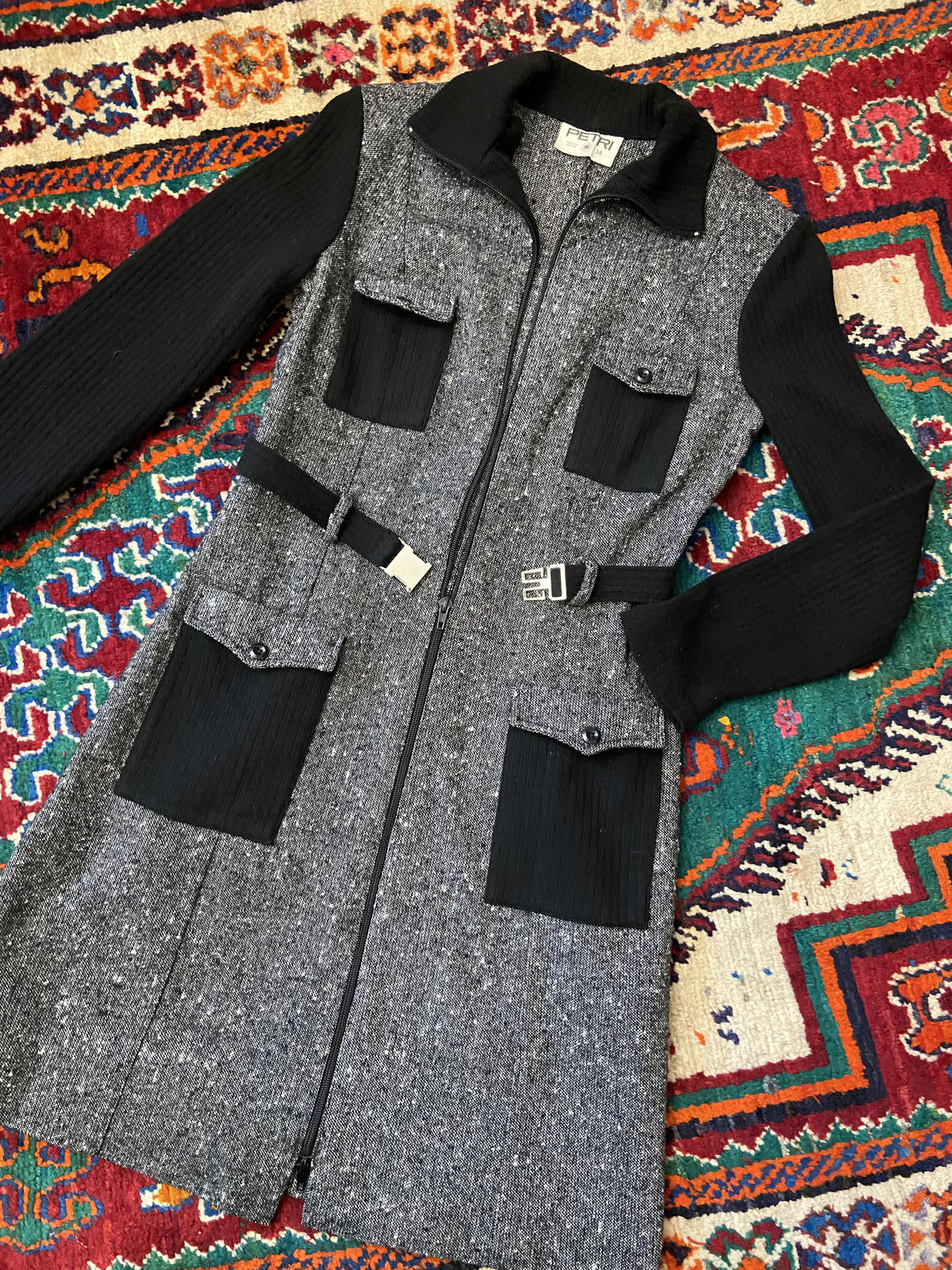 Vintage 1970s Black Tweed Flap Pocket Dress