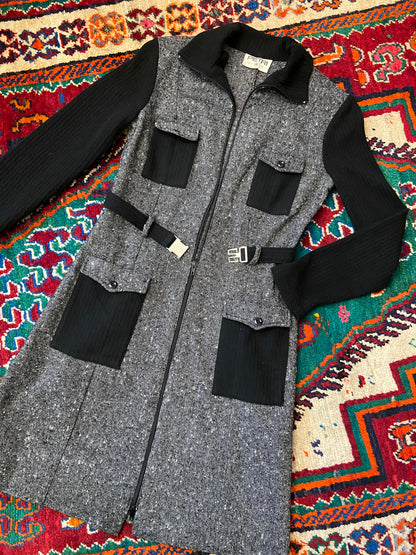 Vintage 1970s Black Tweed Flap Pocket Dress