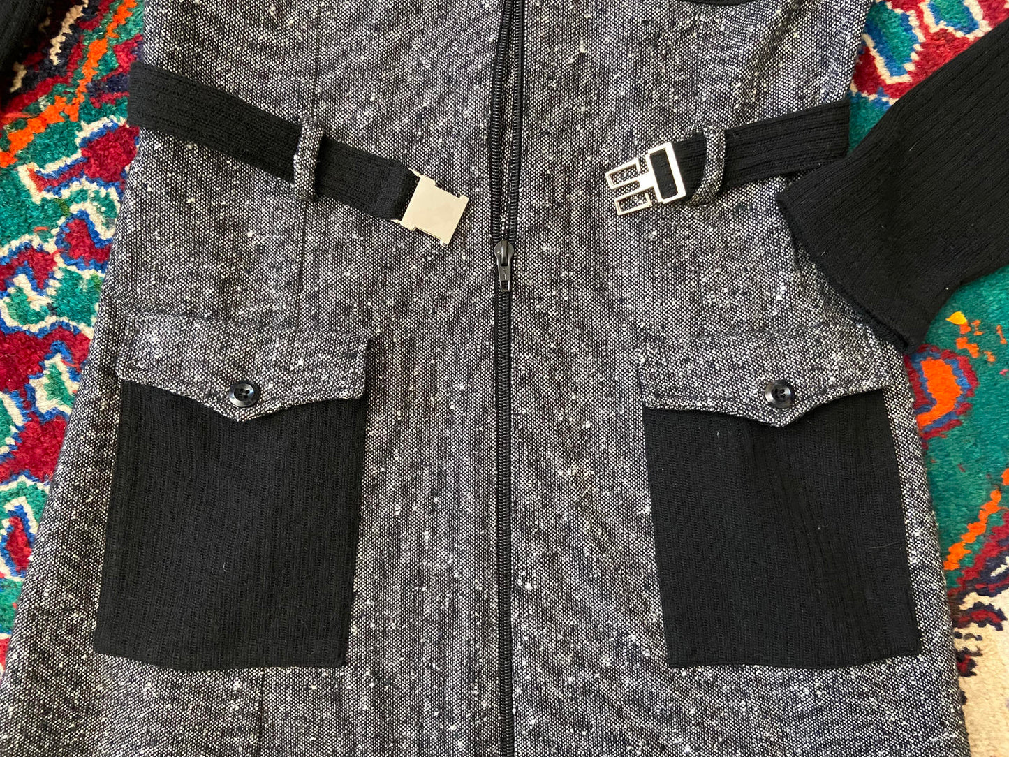 Vintage 1970s Black Tweed Flap Pocket Dress