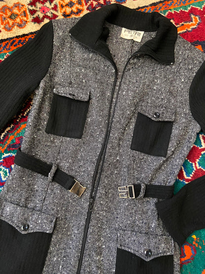 Vintage 1970s Black Tweed Flap Pocket Dress