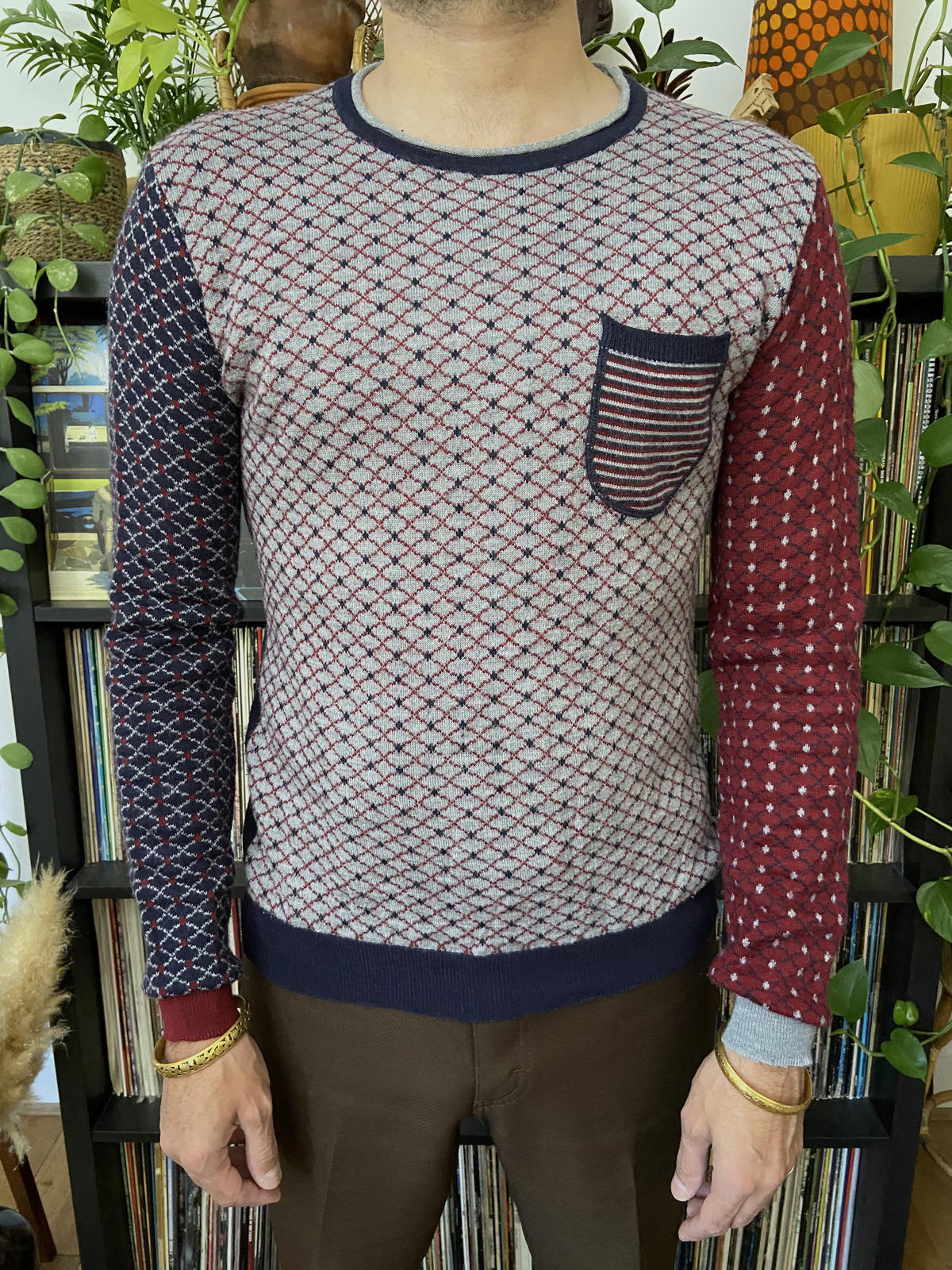 Vintage Italian Navy & Burgundy Patterned Jumper