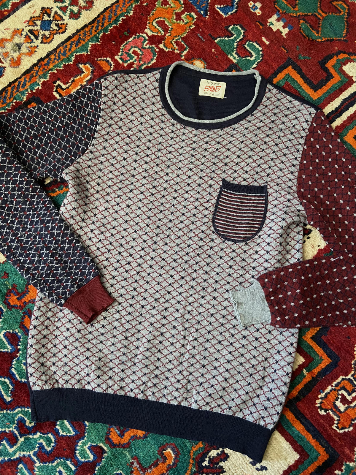 Vintage Italian Navy & Burgundy Patterned Jumper