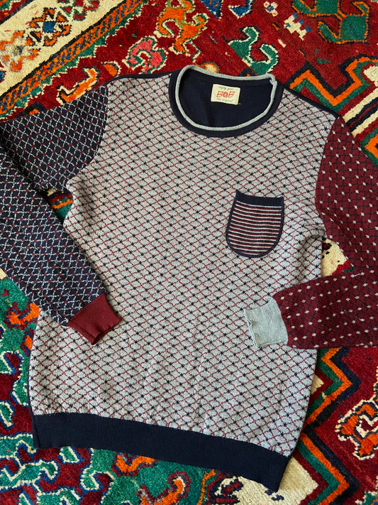 Vintage Italian Navy & Burgundy Patterned Jumper