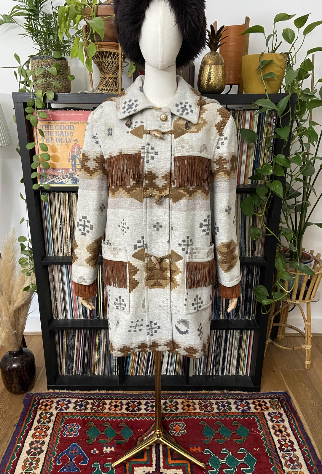 Vintage Grey Tan Fringed Southwestern Duffle Coat