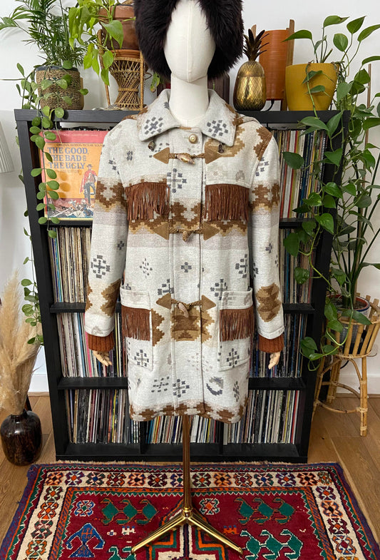 Vintage Grey Tan Fringed Southwestern Duffle Coat