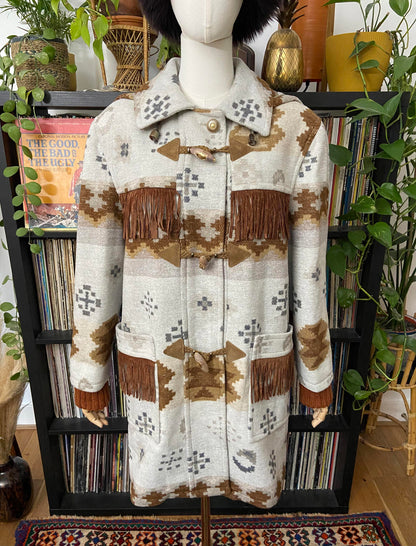Vintage Grey Tan Fringed Southwestern Duffle Coat