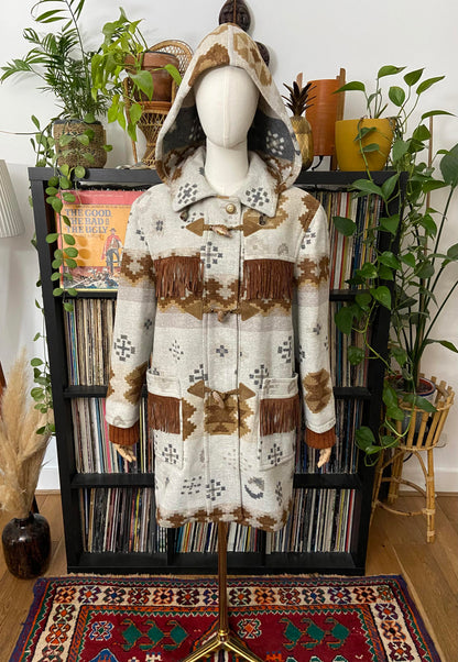 Vintage Grey Tan Fringed Southwestern Duffle Coat