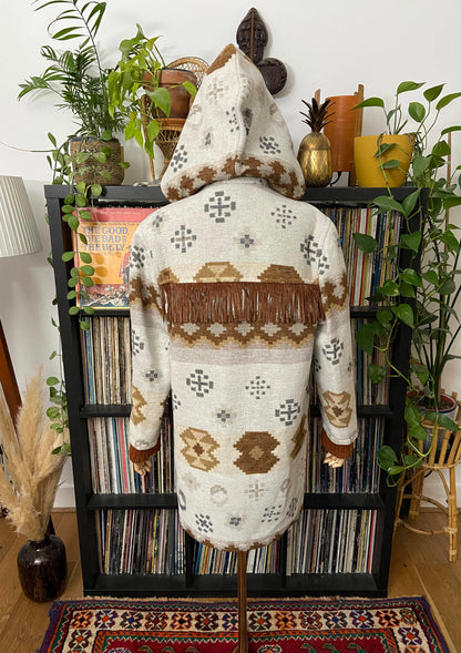Vintage Grey Tan Fringed Southwestern Duffle Coat