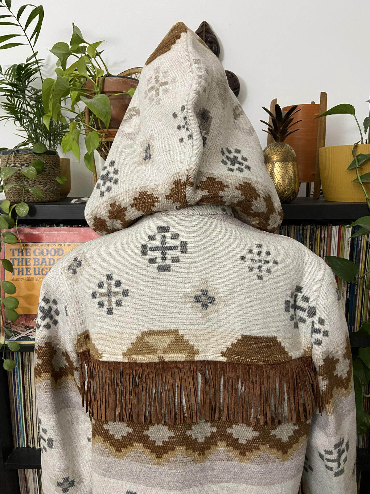 Vintage Grey Tan Fringed Southwestern Duffle Coat