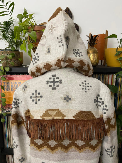 Vintage Grey Tan Fringed Southwestern Duffle Coat