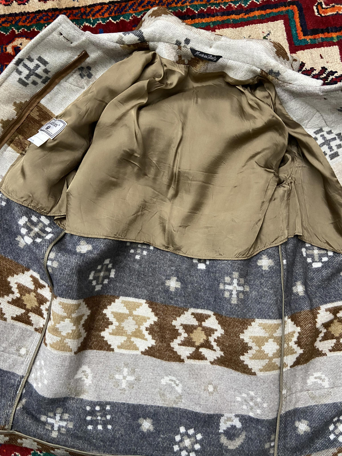 Vintage Grey Tan Fringed Southwestern Duffle Coat