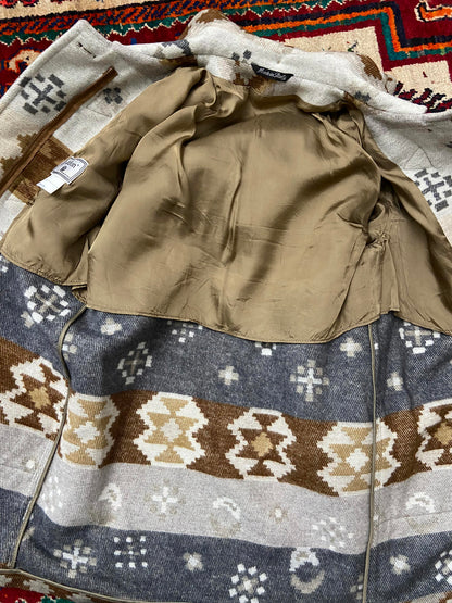 Vintage Grey Tan Fringed Southwestern Duffle Coat