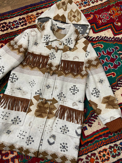 Vintage Grey Tan Fringed Southwestern Duffle Coat