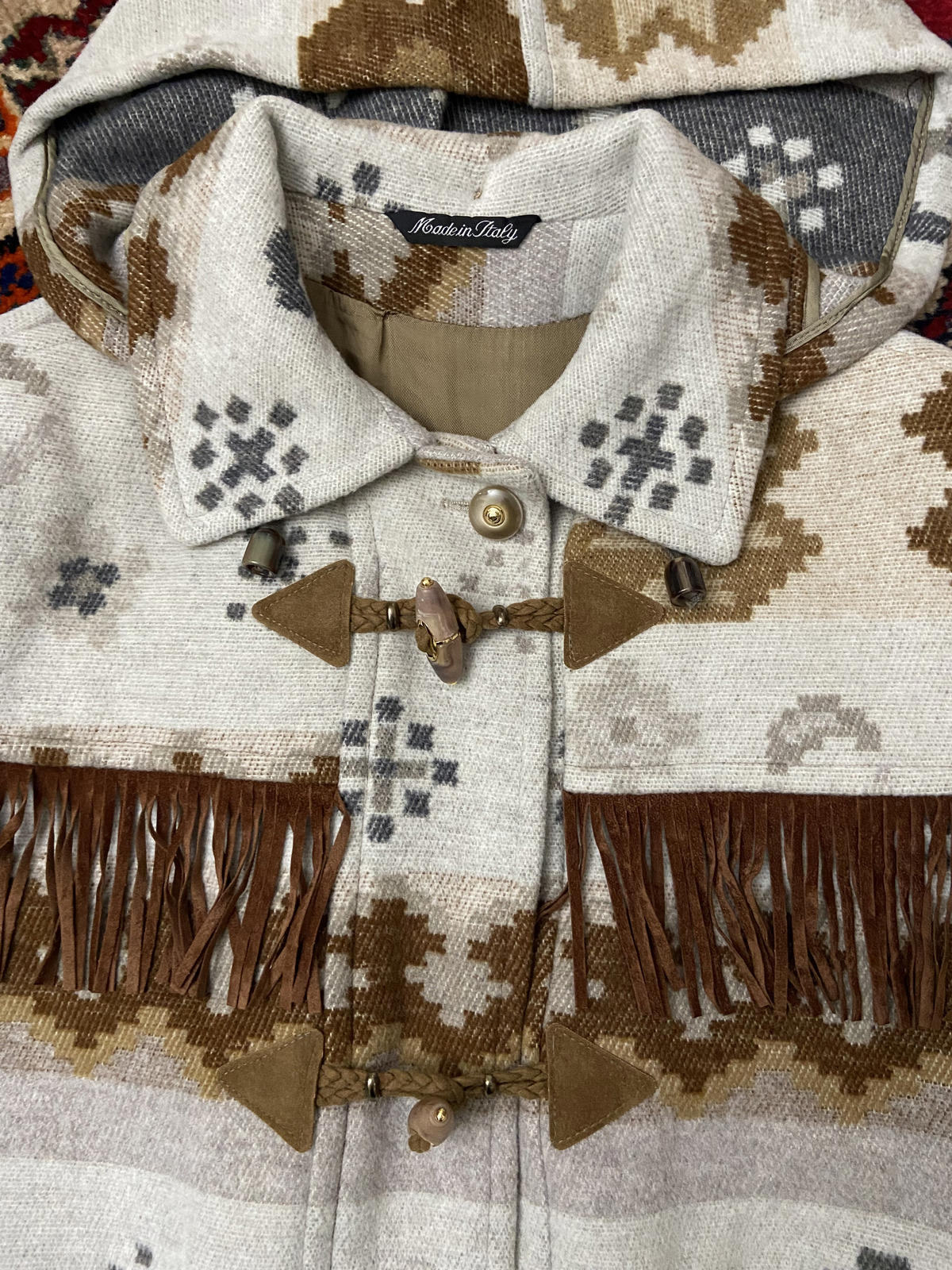 Vintage Grey Tan Fringed Southwestern Duffle Coat