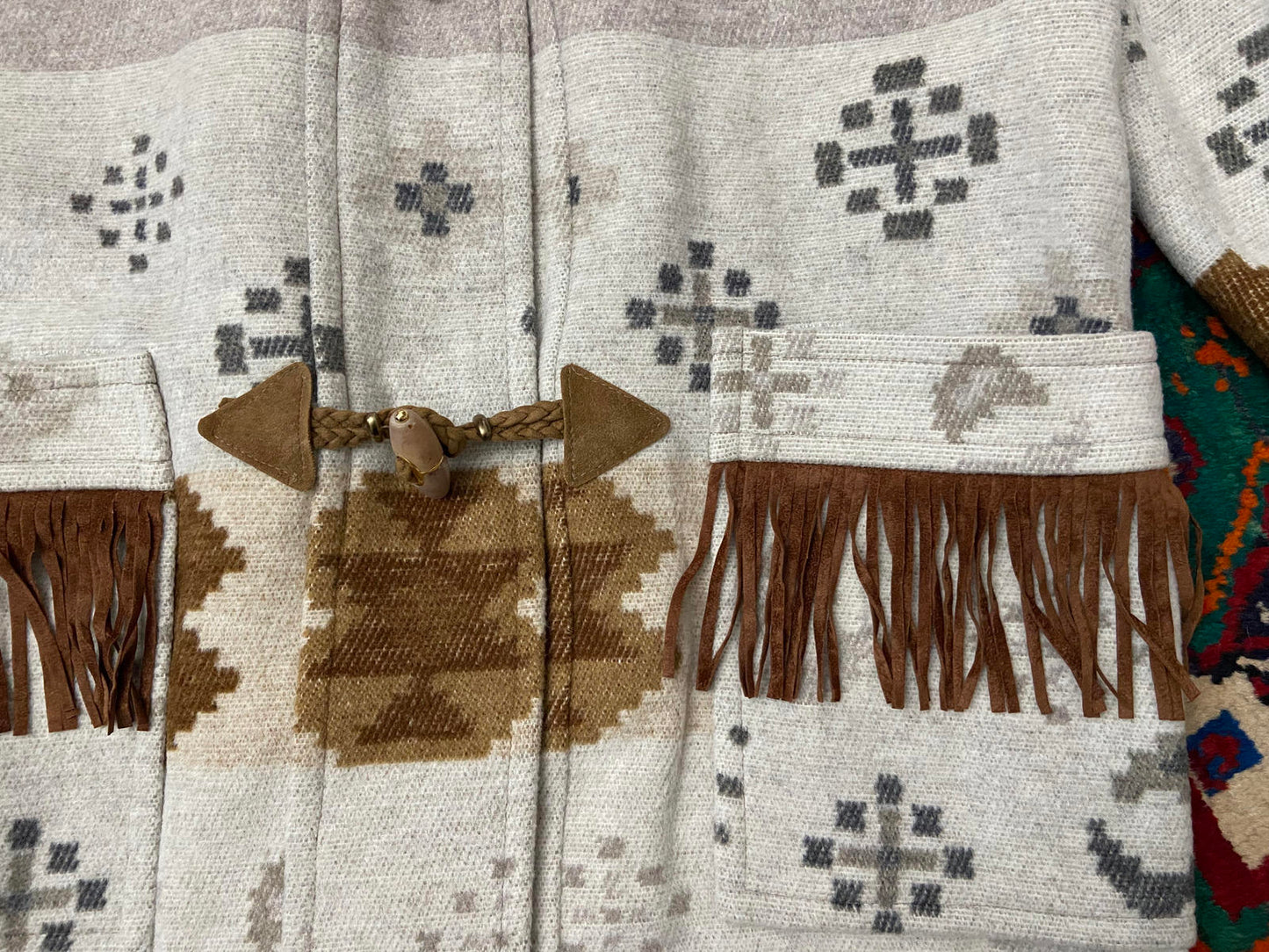 Vintage Grey Tan Fringed Southwestern Duffle Coat