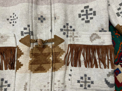 Vintage Grey Tan Fringed Southwestern Duffle Coat