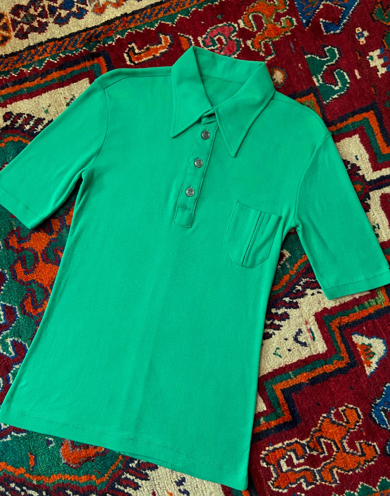Vintage 1970s Green Dagger Collar Polo Shirt