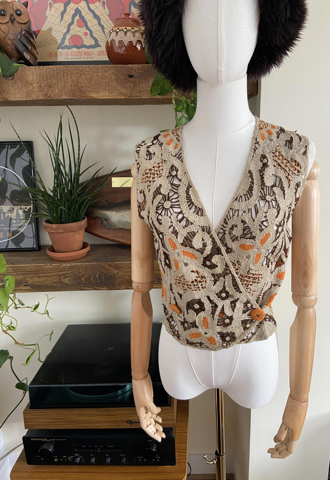 Vintage Beige Orange Brown Crochet Vest