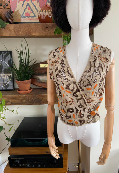 Vintage Beige Orange Brown Crochet Vest