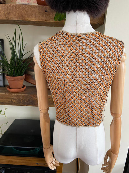 Vintage Beige Orange Brown Crochet Vest