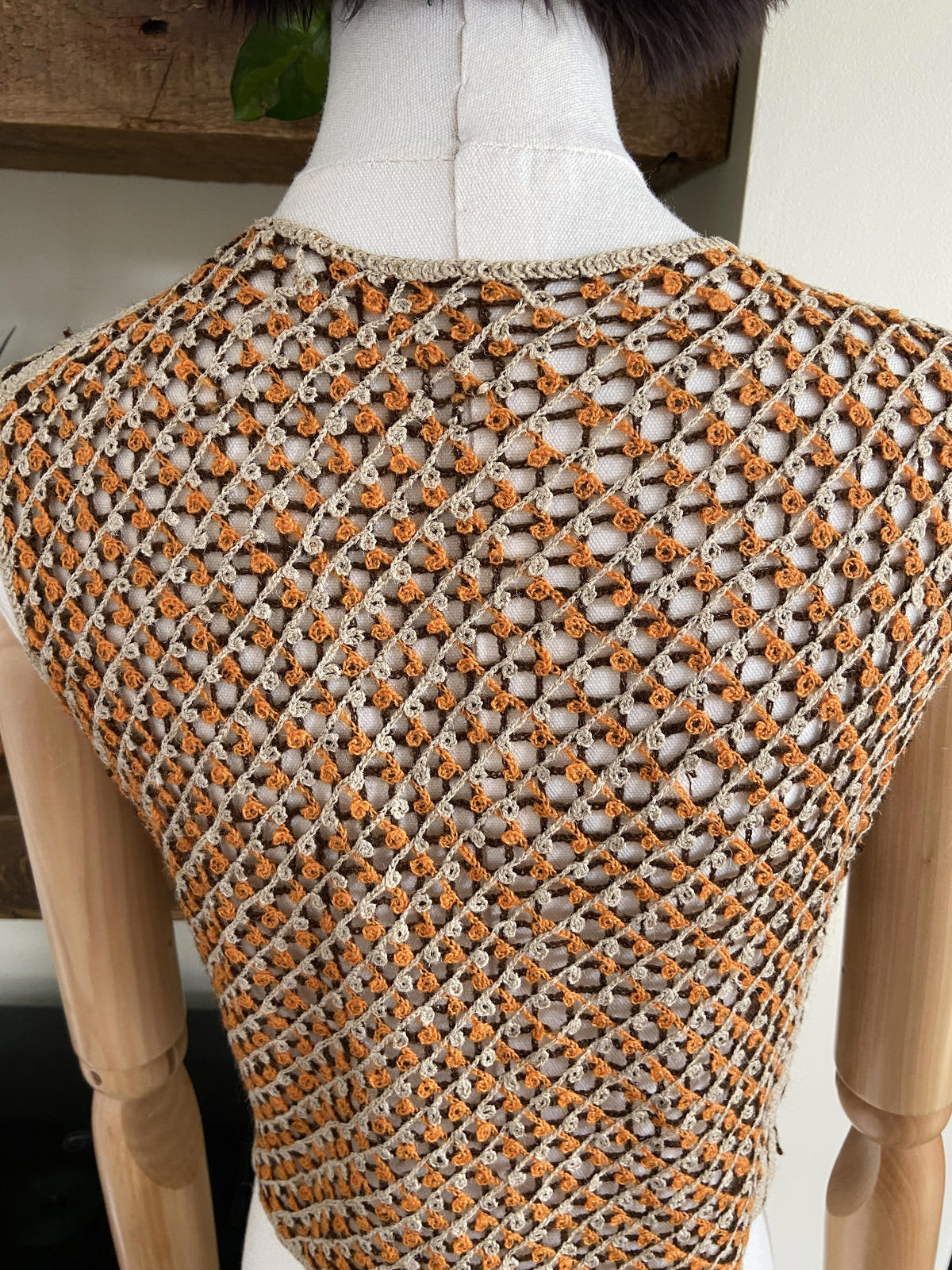 Vintage Beige Orange Brown Crochet Vest