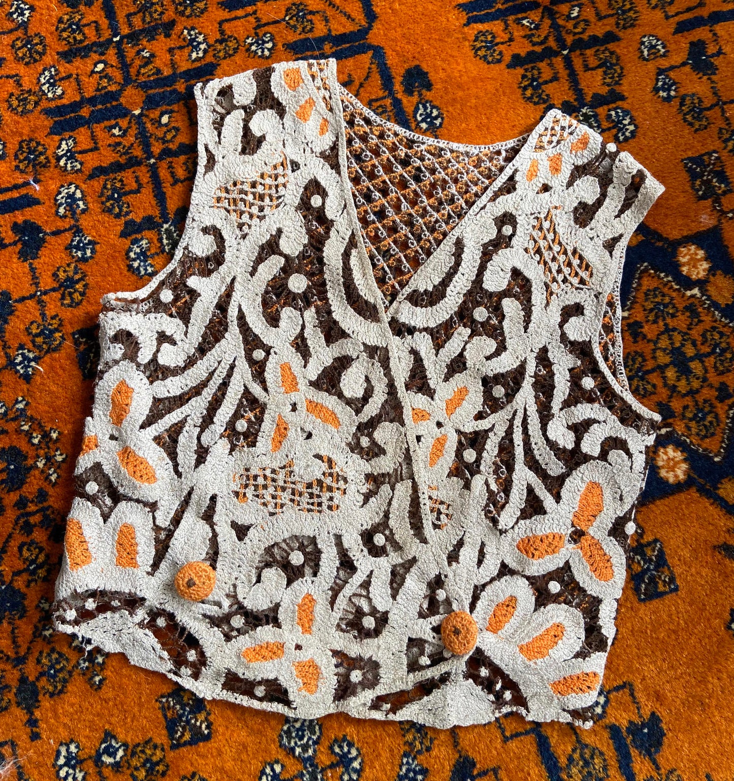 Vintage Beige Orange Brown Crochet Vest