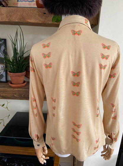Vintage 1970s Beige Butterfly Dagger Collar Shirt