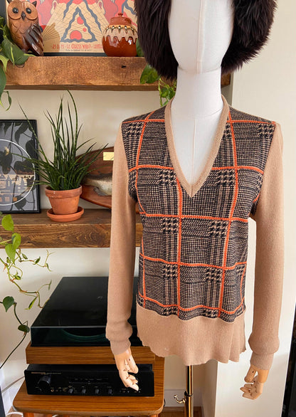 Vintage 1970s Beige Plaid Knit Sweater