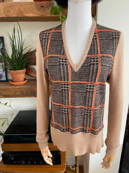 Vintage 1970s Beige Plaid Knit Sweater